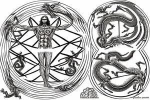 Vitruvian man in the center and five dragons in the form of elements - water, air, fire, earth and ether tattoo idea