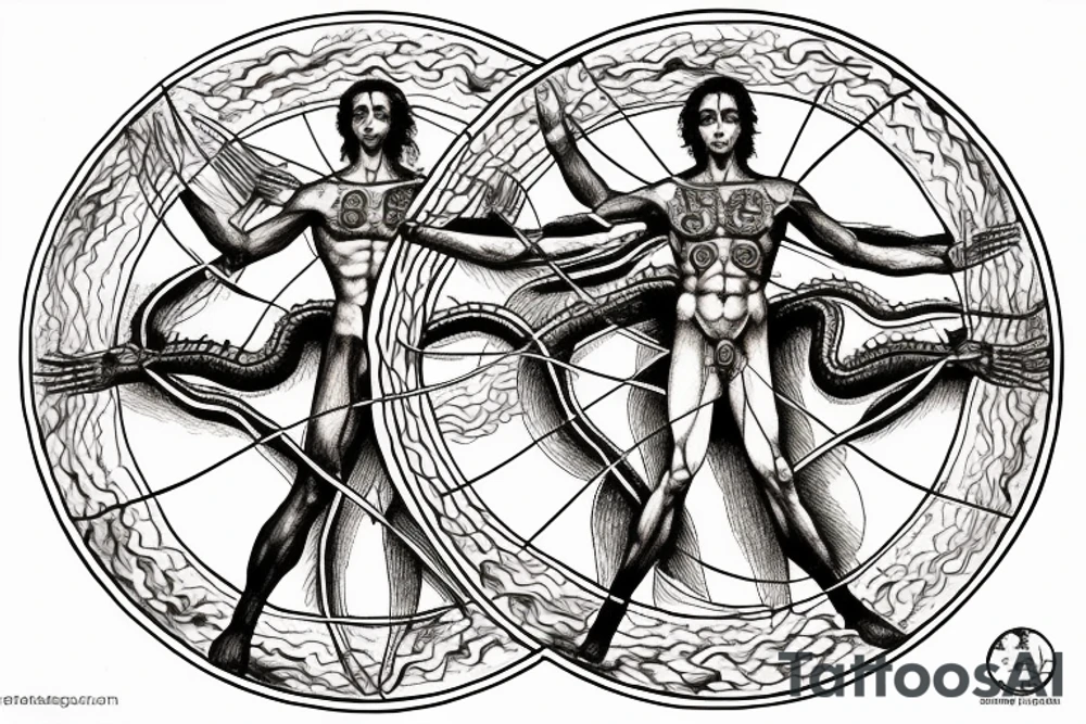 Vitruvian man in the center and five dragons in the form of elements - water, air, fire, earth and ether tattoo idea