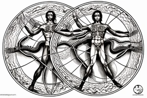 Vitruvian man in the center and five dragons in the form of elements - water, air, fire, earth and ether tattoo idea