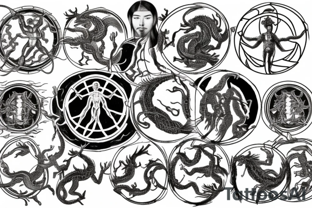 Vitruvian man in the center and five dragons in the form of elements - water, air, fire, earth and ether tattoo idea