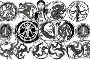 Vitruvian man in the center and five dragons in the form of elements - water, air, fire, earth and ether tattoo idea