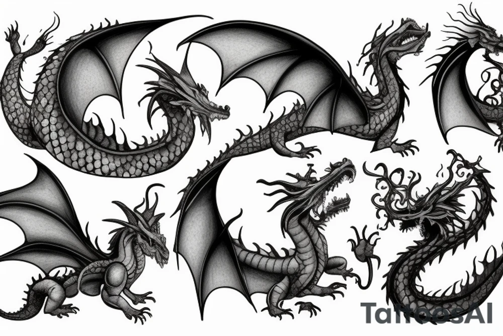 five dragons in the form of elements - water, air, fire, earth and ether tattoo idea