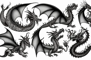 five dragons in the form of elements - water, air, fire, earth and ether tattoo idea