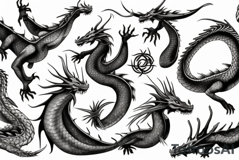 five dragons in the form of elements - water, air, fire, earth and ether tattoo idea