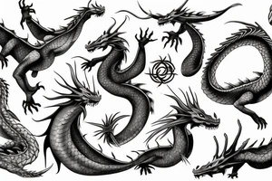 five dragons in the form of elements - water, air, fire, earth and ether tattoo idea