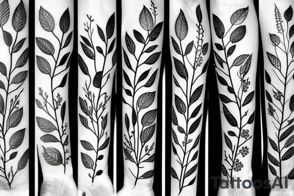 Delicate leaves with long branches with flowers tattoo idea
