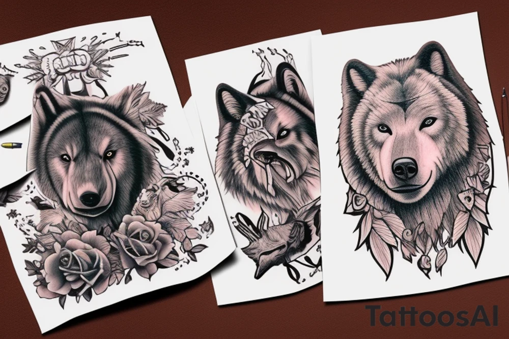 Greezly Bear fighting wolf tattoo idea