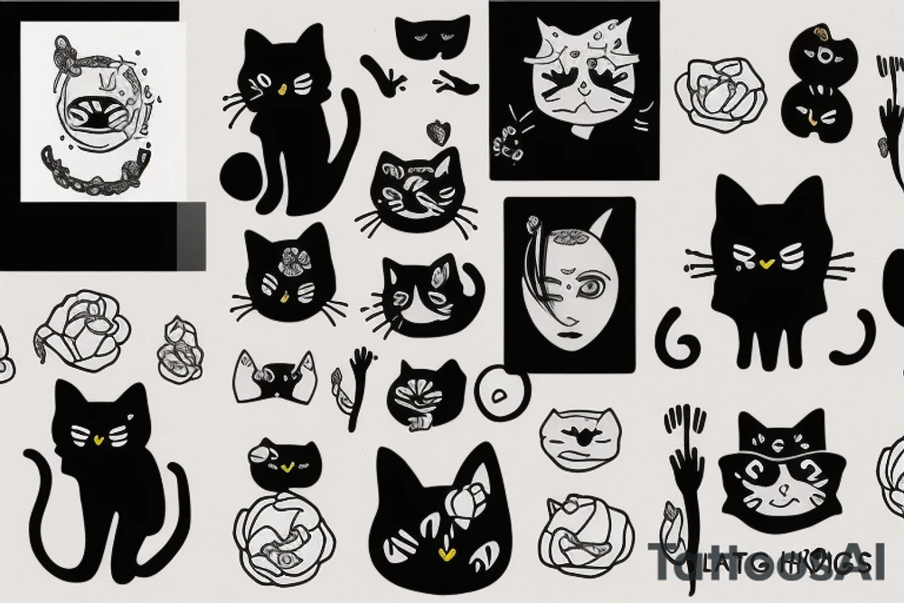 frida huging a little black cat with larg black eyes tattoo idea