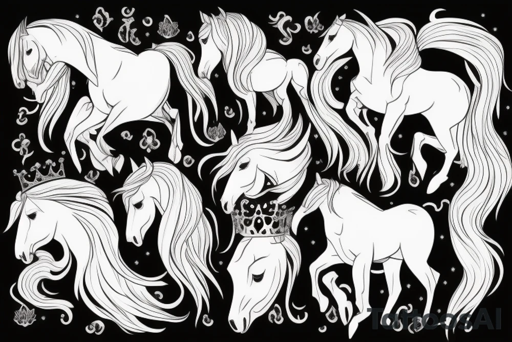 a horse with a developing mane and a crown on its head tattoo idea