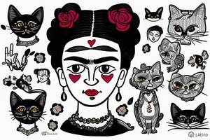 Frida Kahlo huging a little black cat with larg black eyes tattoo idea
