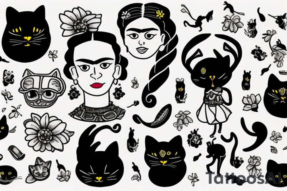 Frida Kahlo hugging a little black cat with large black eyes tattoo idea
