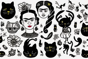 Frida Kahlo hugging a little black cat with large black eyes tattoo idea
