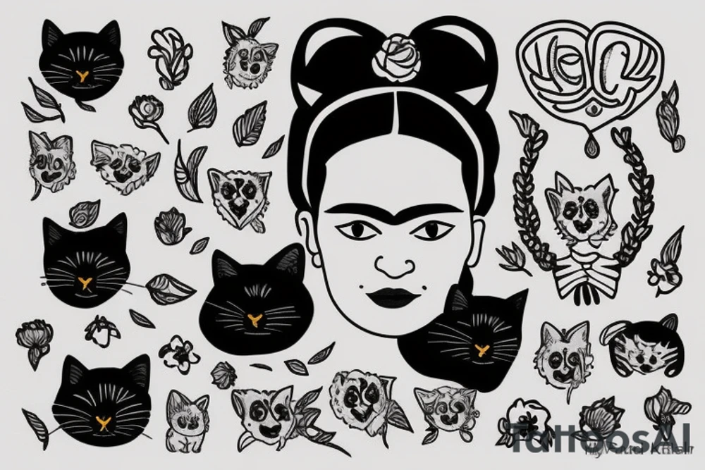 Frida Kahlo hugging a little black cat with large black eyes tattoo idea