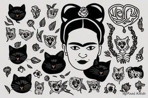 Frida Kahlo hugging a little black cat with large black eyes tattoo idea