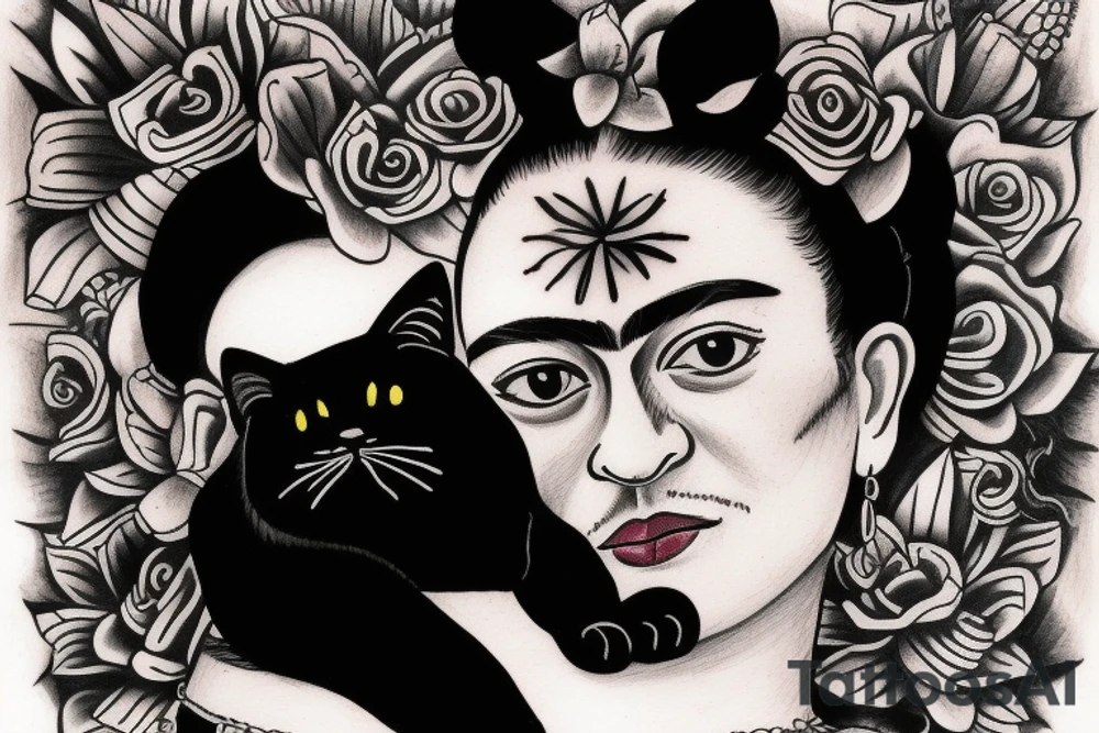 Frida Kahlo hugging a little black kitty 
with large black eyes tattoo idea