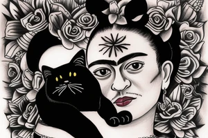 Frida Kahlo hugging a little black kitty 
with large black eyes tattoo idea