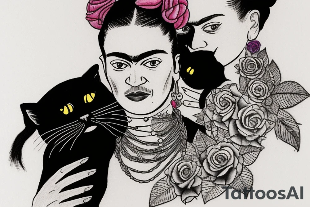 Frida Kahlo hugging a little black kitty 
with large black eyes tattoo idea