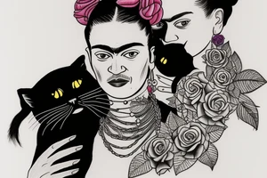 Frida Kahlo hugging a little black kitty 
with large black eyes tattoo idea