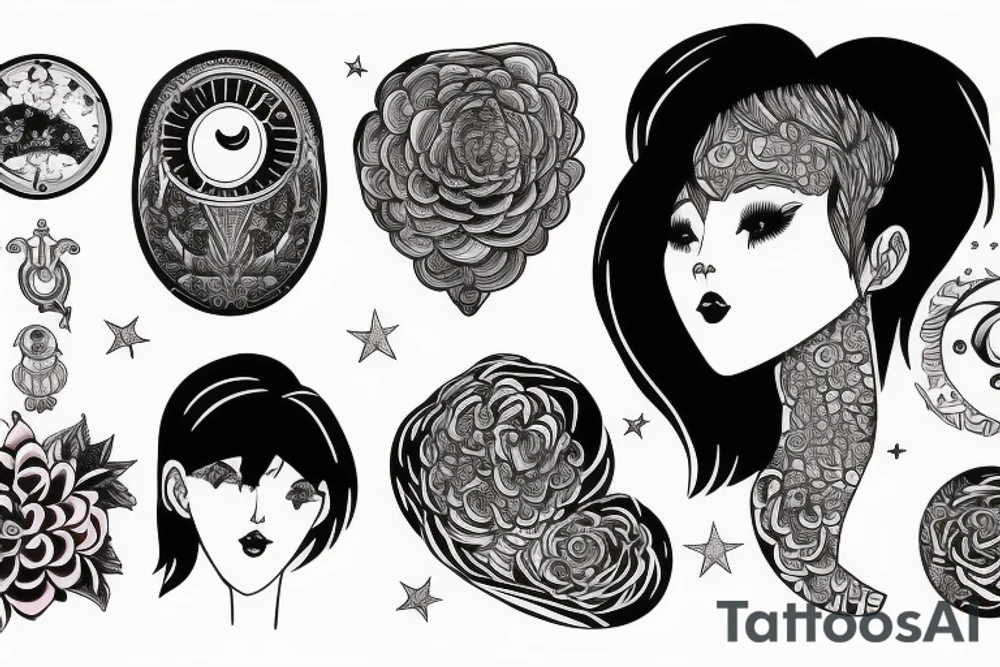A surreal tattoo with galexy and moon and stars and some symbols about a girl with short hair cut tattoo idea