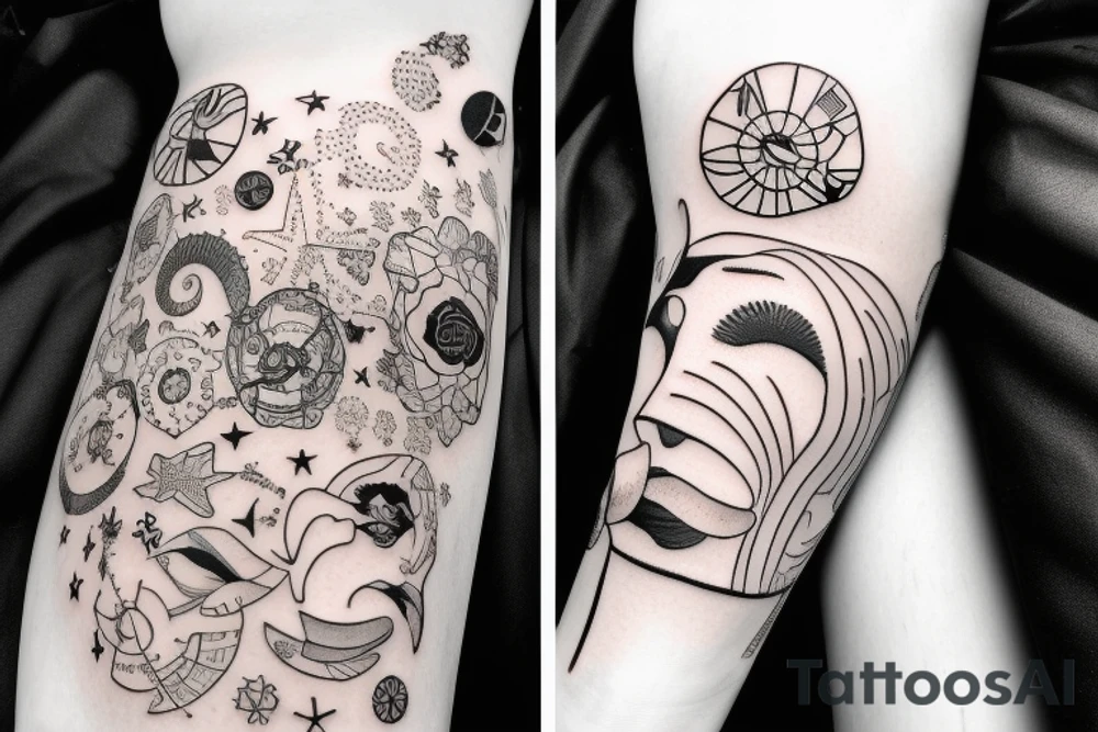 A surreal tattoo with galexy and moon and stars and some symbols about a girl with short hair cut tattoo idea