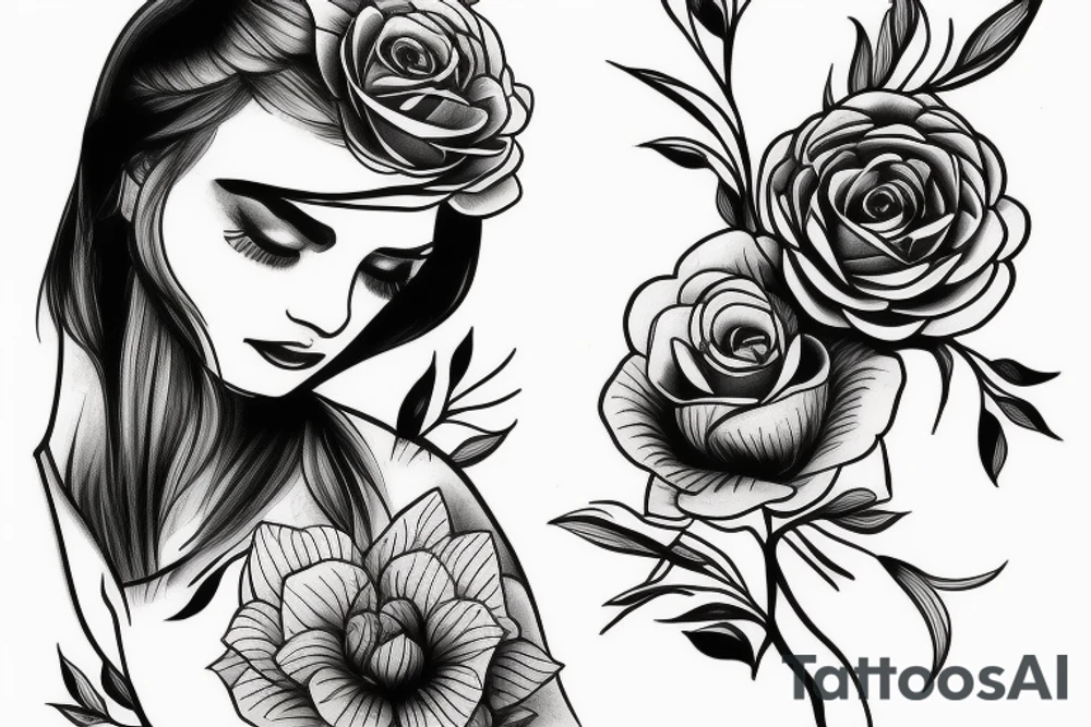 Girl with flower on hand tattoo idea