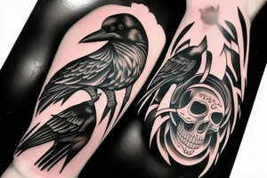 Raven pecking at a skull tattoo idea