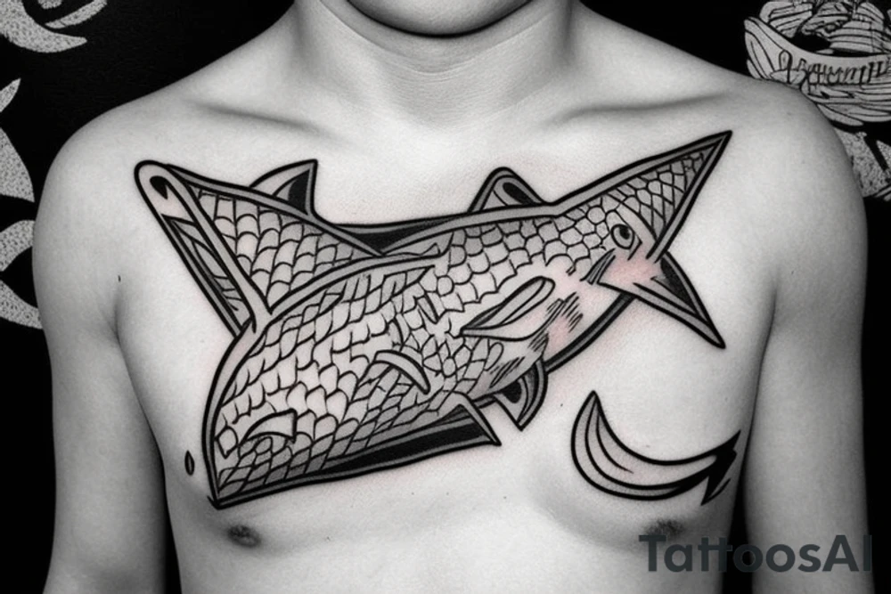 Round shark chest tattoo idea