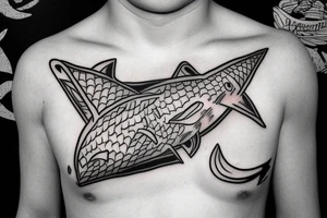 Round shark chest tattoo idea