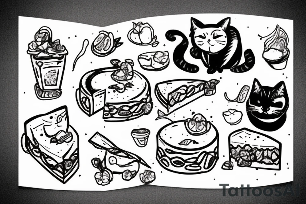 Chunky cat eating cheesecake tattoo idea