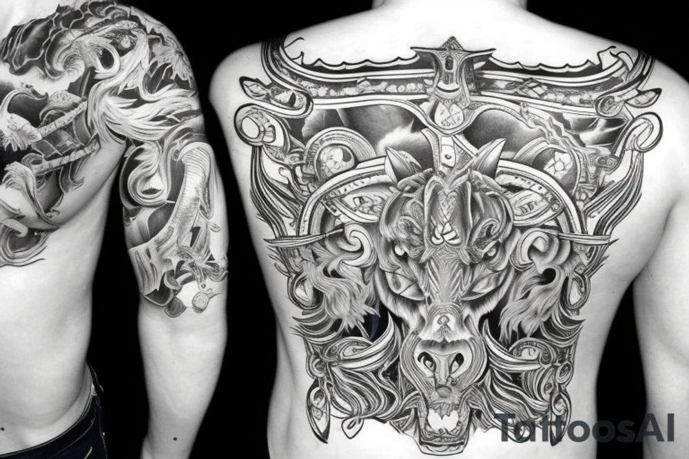 White holy horse fighting a savage big black bull tattoo idea