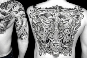 White holy horse fighting a savage big black bull tattoo idea