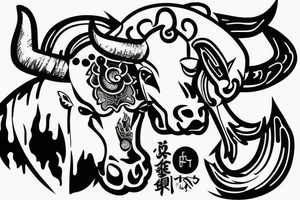 White holy horse fighting a savage big black bull tattoo idea