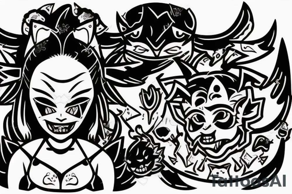 Little girl trying to weak a Oni mask with demon inside tattoo idea