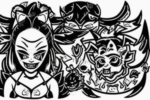 Little girl trying to weak a Oni mask with demon inside tattoo idea