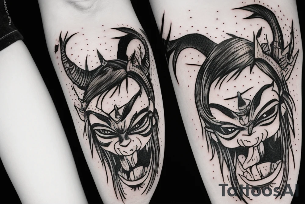 Little girl trying to weak a Oni mask with demon inside tattoo idea