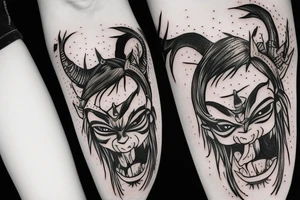 Little girl trying to weak a Oni mask with demon inside tattoo idea