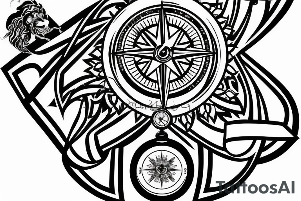 Lion with compass and ribbons with dates tattoo idea Lion with compass and ribbons with dates tattoo idea