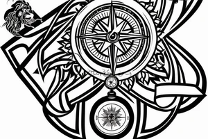 Lion with compass and ribbons with dates tattoo idea