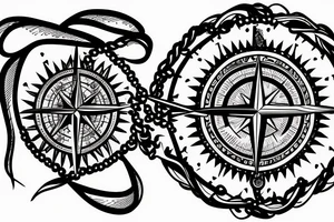 Lion with compass and ribbons with dates tattoo idea