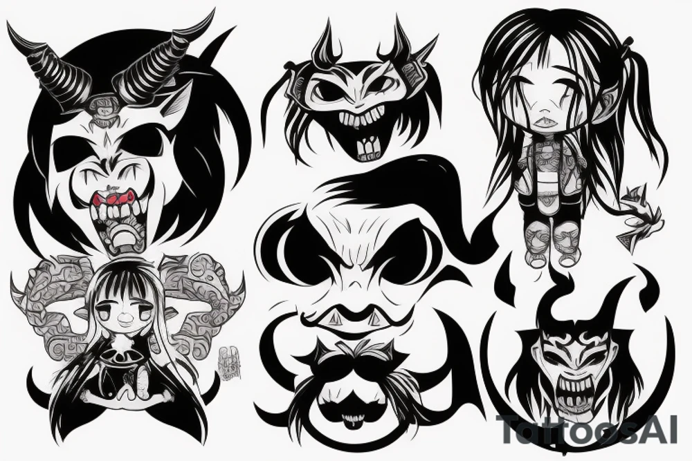 Little girl trying to weak a Oni mask with demon inside tattoo idea