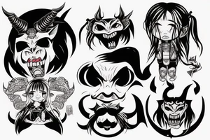 Little girl trying to weak a Oni mask with demon inside tattoo idea
