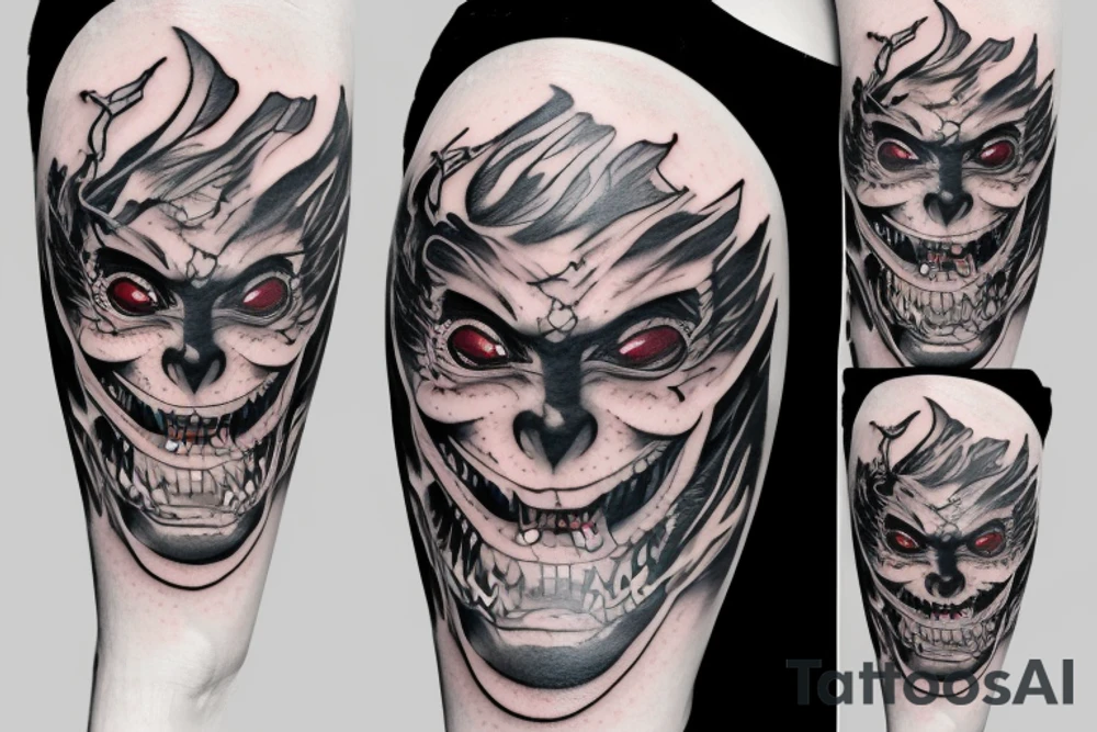 Little girl trying to weak a Oni mask with demon inside tattoo idea