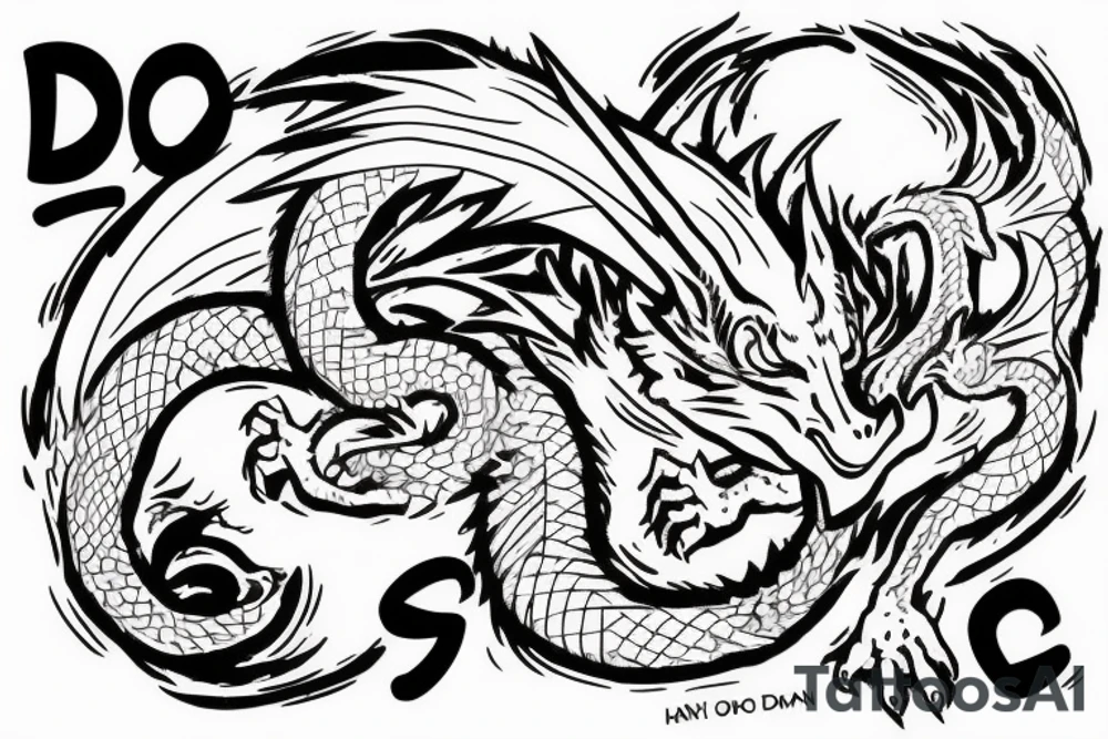 Dragon with a gun and text “don’t panic” tattoo idea