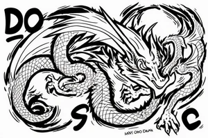 Dragon with a gun and text “don’t panic” tattoo idea