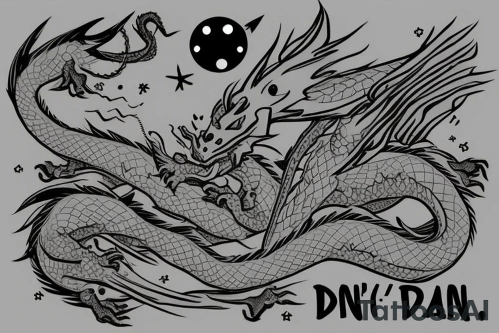 Dragon with a gun and text “don’t panic” tattoo idea