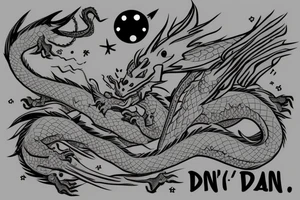 Dragon with a gun and text “don’t panic” tattoo idea