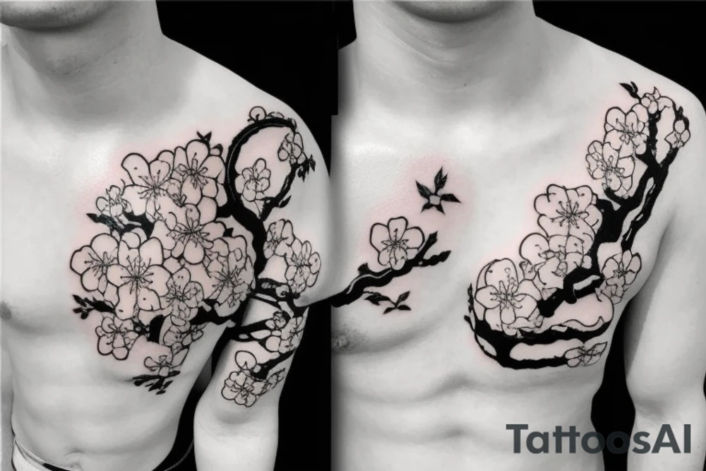 japanes classic chest tattoo cherry blossom sky wind black and white tattoo idea