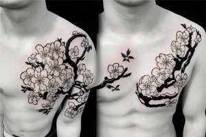 japanes classic chest tattoo cherry blossom sky wind black and white tattoo idea