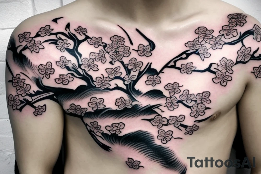 japanes classic chest tattoo cherry blossom sky wind black and white tattoo idea