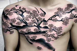 japanes classic chest tattoo cherry blossom sky wind black and white tattoo idea